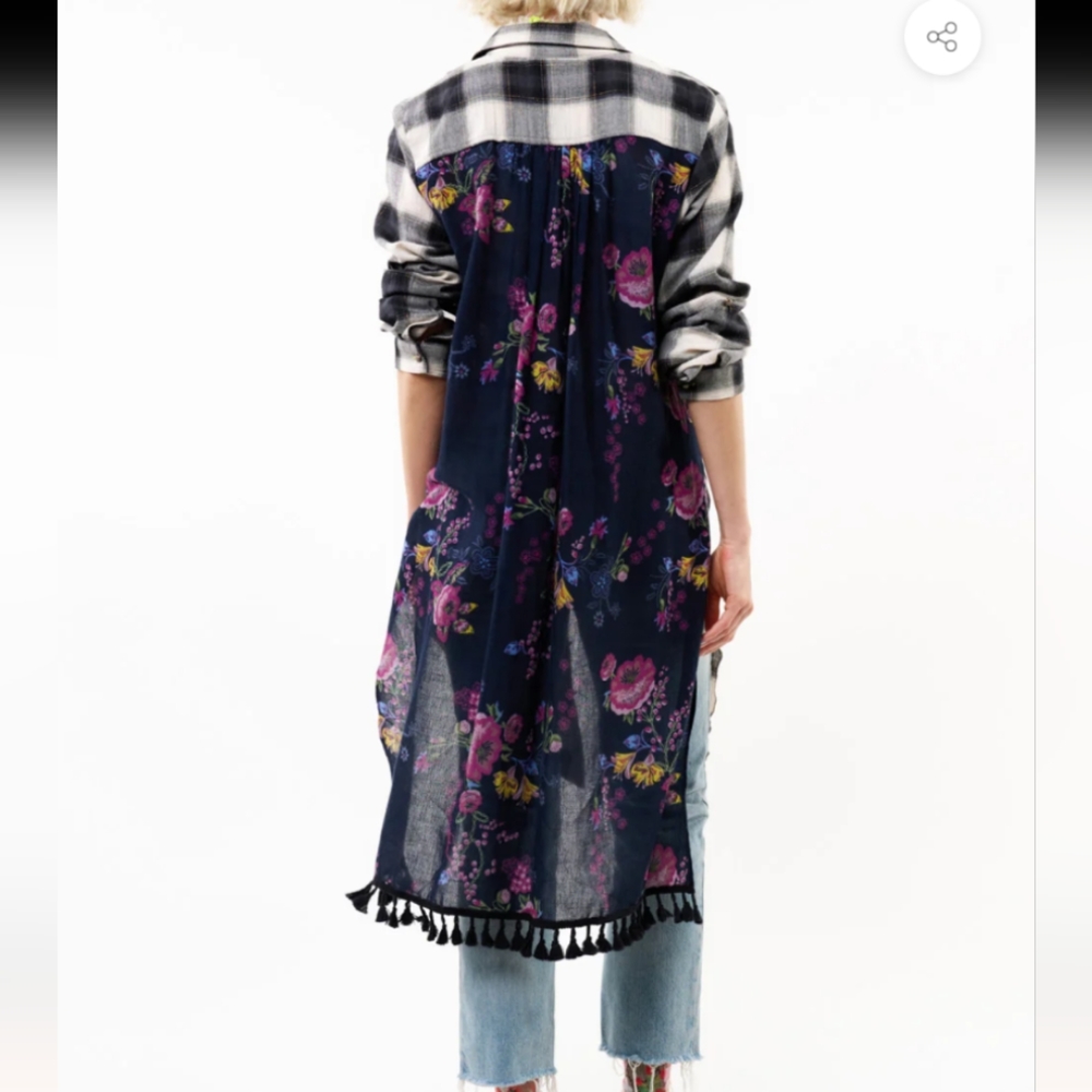 Aratta Black and White Plaid Long Tunic with Pink Rose Embroidery - Picture 3 of 14